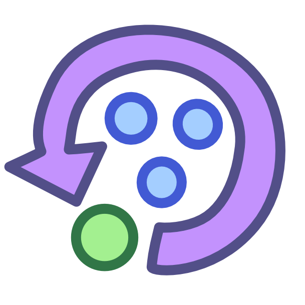 A purple arrow traveling in a circle points to green circle. Inside the circle of the arrow are 3 more circles, but these are blue. This image has dark line art.